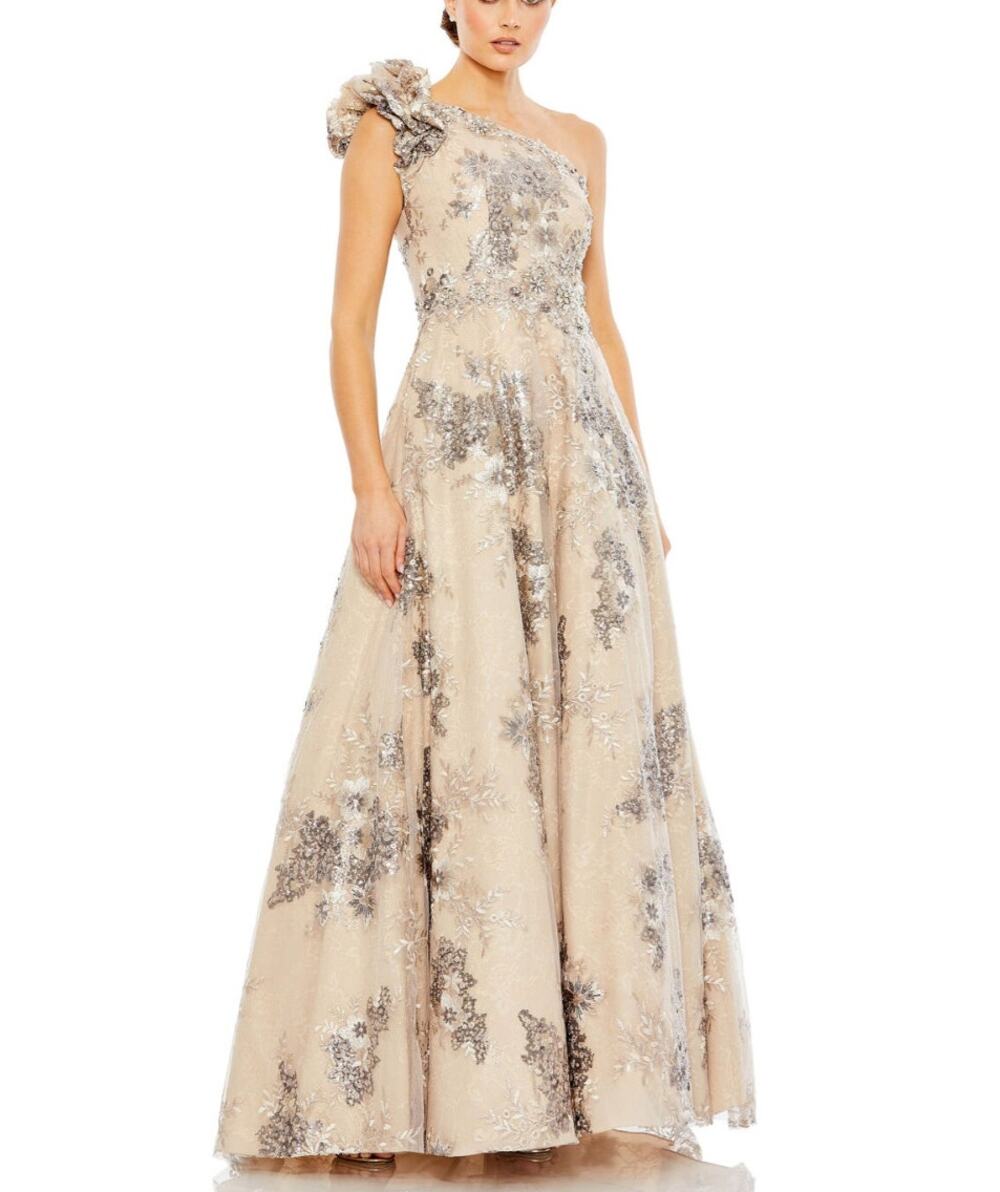 Mac Duggal One Shoulder Beaded Lace Gown Mocha Size 6 NWT 67960 MOB Sequin Dress